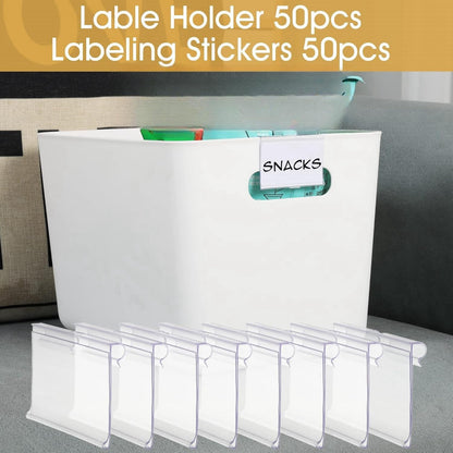50pcs Labels for Storage Bins Plastic Label Clip, Basket Labels Clip On Wire Shelf Price Label Holder Merchandise Sign Display Holder, 50pcs Label Insert Included (1.96IN*1.65IN)