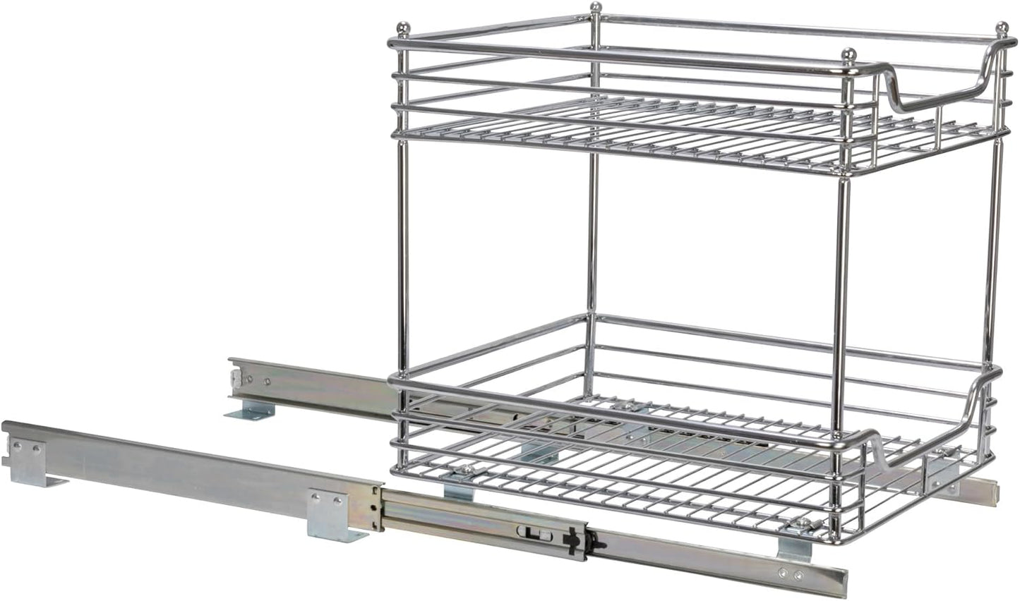 Household Essentials Glidez Multipurpose Chrome-Plated Steel Pull-Out/Slide-Out Storage Organizer for Cookware and Bakeware - 2-Tier Design - Fits Standard Size Cabinet or Shelf, Chrome