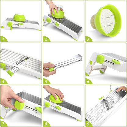 Mandoline Slicer for Kitchen, Adjustable Vegetable Potato Slicer | Stainless Steel Safe Mandolin Veggie Fruit Cutter with Food Holder, for Onion Cucumber Tomato Carrot, Grey
