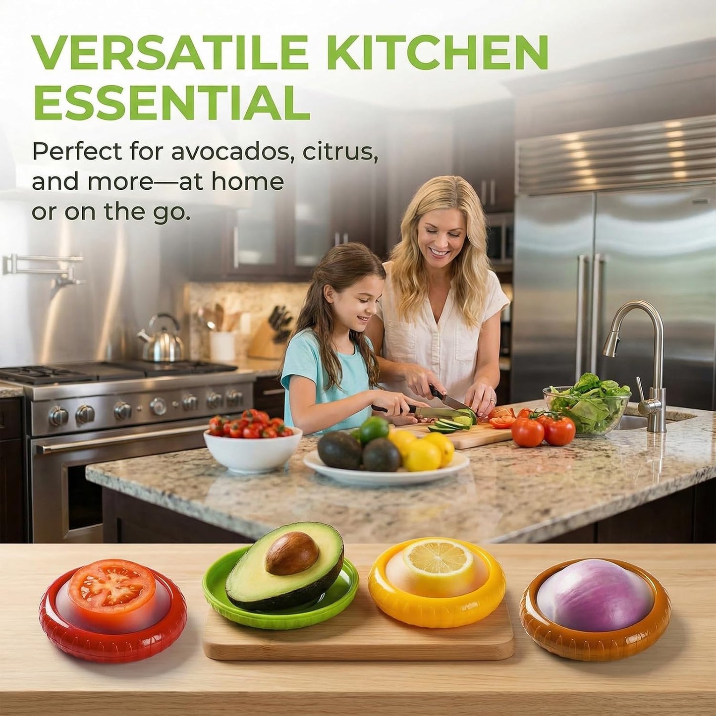 Avocado Saver for Fridge, 5-Piece Produce Saver Set with Peeler | 4 reusable silicone storage pods plus 1 fruit peeler for avocado, tomato, onion and lemon, ideal for office snacks or camping
