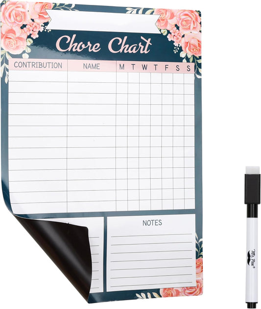 Mr. Pen- Magnetic Dry Erase Chore Chart, 17" x 12" | Floral Daily & Weekly Responsibility Chart for Kids, Teens & Adults, Family Chore Board for Fridge