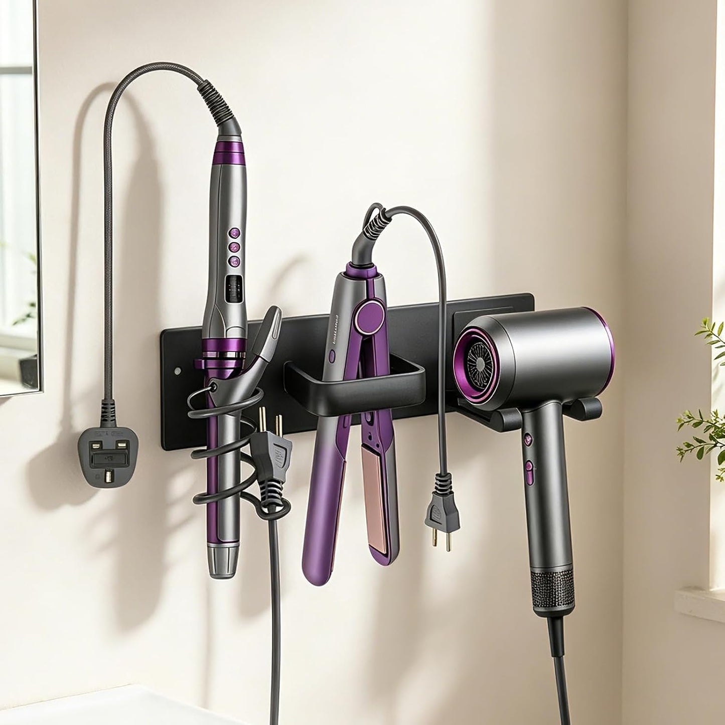 Hair Dryer Holder Wall Mount, Easy Assemble Hair Tool Organizer | 3 in 1 Metal Dryer Rack with Blow Dryer Holder & Curling Iron & Straightener Storage for Salo ＆ Bathroom (Matte Black)