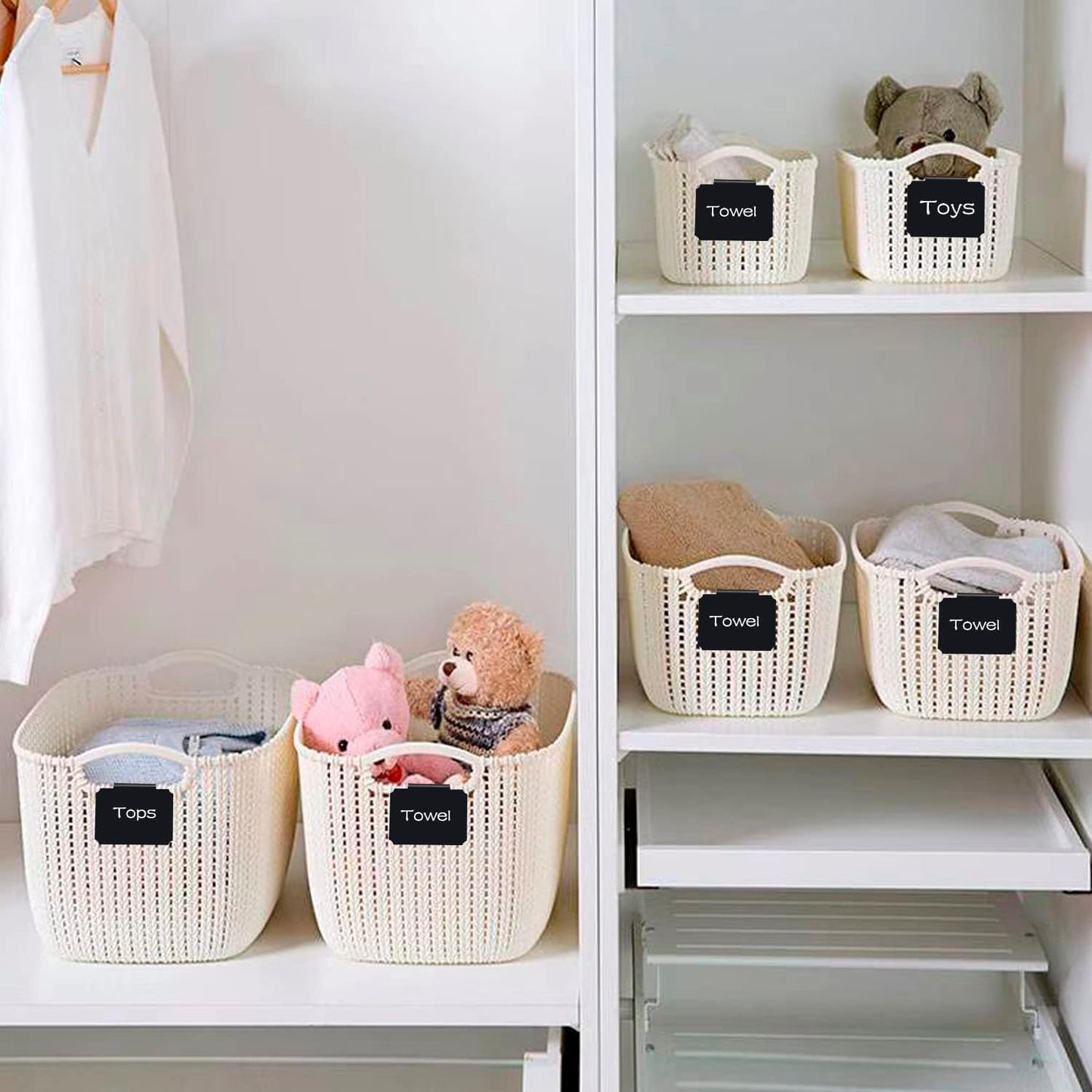20 Basket Labels Clip On, Reusable Labels for Storage Bins, Removable Chalk Labels for Containers, Kitchen Closet Baskets and Storage Basket Holders with 2 White Chalk Markers