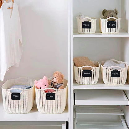 20 Basket Labels Clip On, Reusable Labels for Storage Bins, Removable Chalk Labels for Containers, Kitchen Closet Baskets and Storage Basket Holders with 2 White Chalk Markers