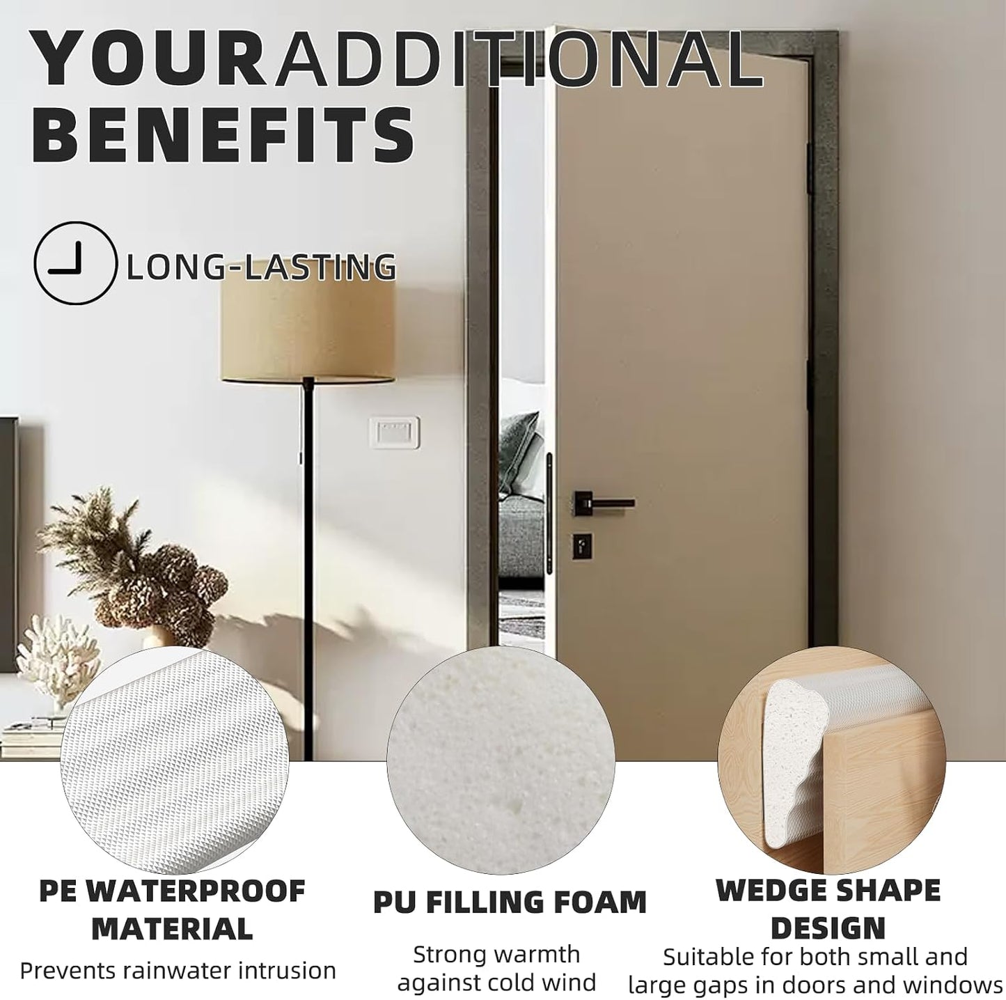196" White Wedge Weather Stripping Door Seal, Foam Door Gap Seal | Noise & Draft Blocking, Windows & Doors Winter Insulation, Door Frame Soundproofing, Self Adhesive Weatherstrip Tape