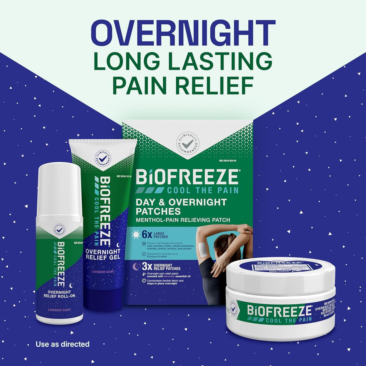 Biofreeze Day & Overnight Pain Relief Patches, Menthol Pain Patches for Arthritis & Muscle Pain Relief, Comfortable & Flexible Fabric Stays in Place, 9 Patches (6 Day, 3 Night)