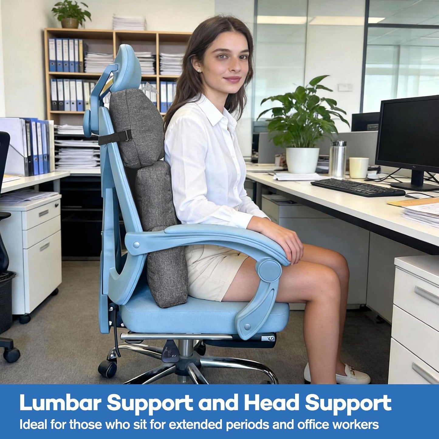 JZHLLA Recliner Neck and Lumbar Support, Shredded Foam Filling Back Rest Cushion with Adjustable Headrest for Pain Relief Lumbar Support Pillow for Recliner Office Chairs Sofa Couch