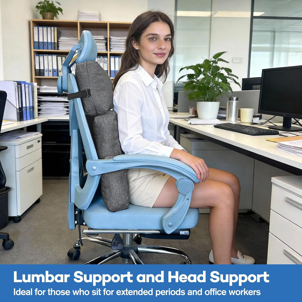 JZHLLA Recliner Neck and Lumbar Support, Shredded Foam Filling Back Rest Cushion with Adjustable Headrest for Pain Relief Lumbar Support Pillow for Recliner Office Chairs Sofa Couch