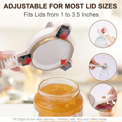 4-in-1 Jar Opener for Seniors & Weak Hands, Adjustable Stainless Steel Opener for Jars, Beer Bottles, and Salad Dressing – Easy-Grip Kitchen Tool (White)