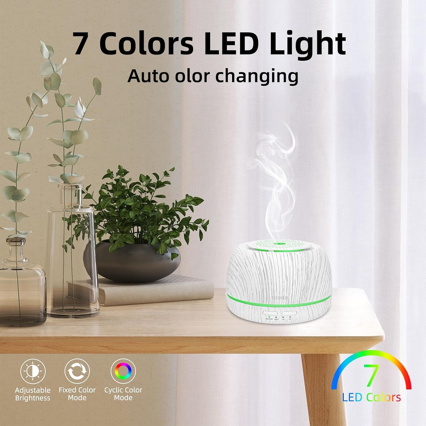 SEEDSEEL 300ML Essential Oil Diffuser,Ultrasonic Aromatherapy Diffuser, 7-Color Gradient Lights, Remote Control, 8 Hours Run Time, Suitable for Home,Office