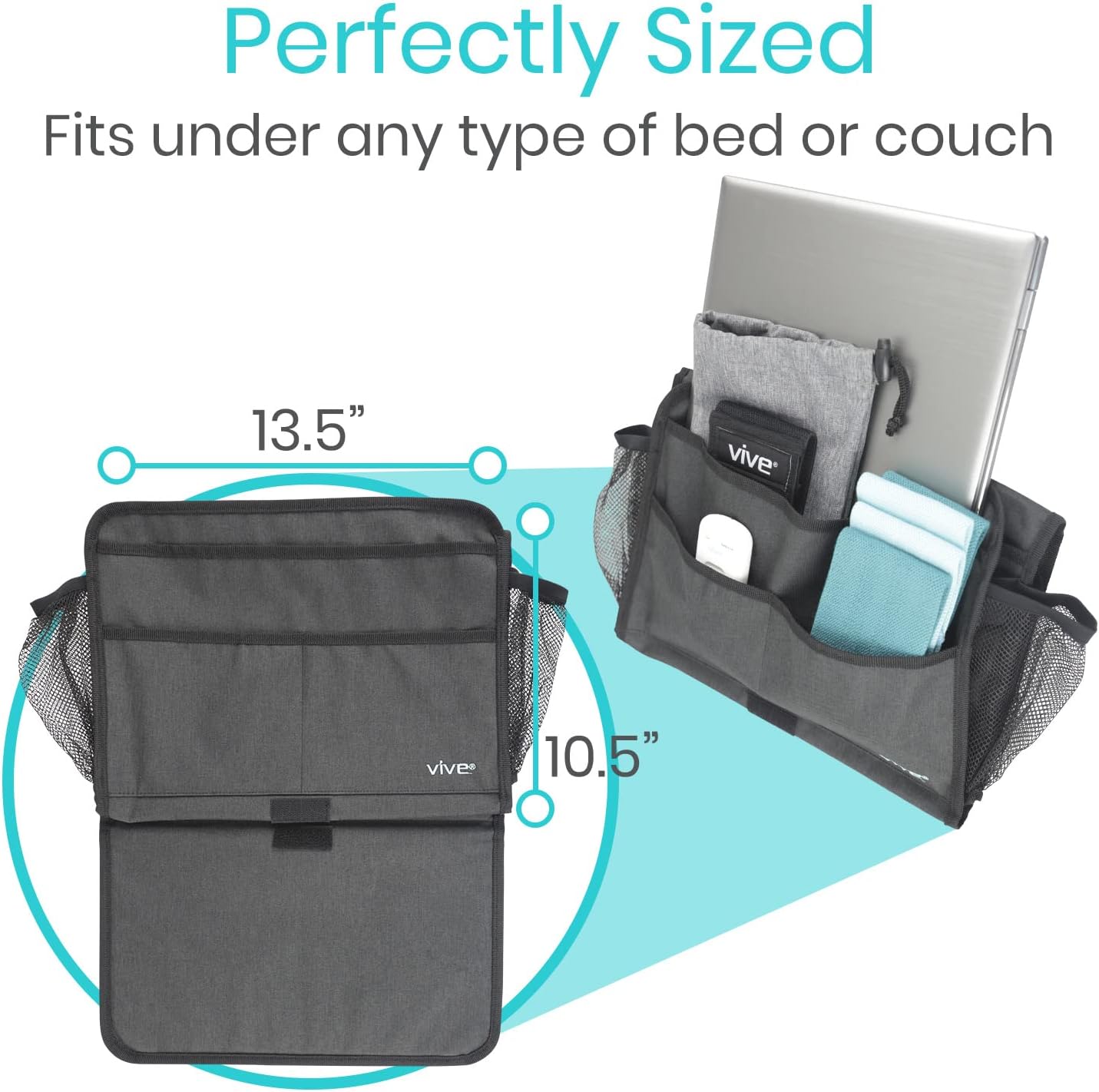 Vive Bedside Caddy - Bed Hanging Organizer - Storage Bag Shelf for College Dorm, Bedroom, Couch, Bunk - 8 Large Pockets with Charger Slots for Men and Women - Slides Under Mattress - Handle for Travel | Dorm, Bedroom, Couch, Bunk - 8 Large Pockets with