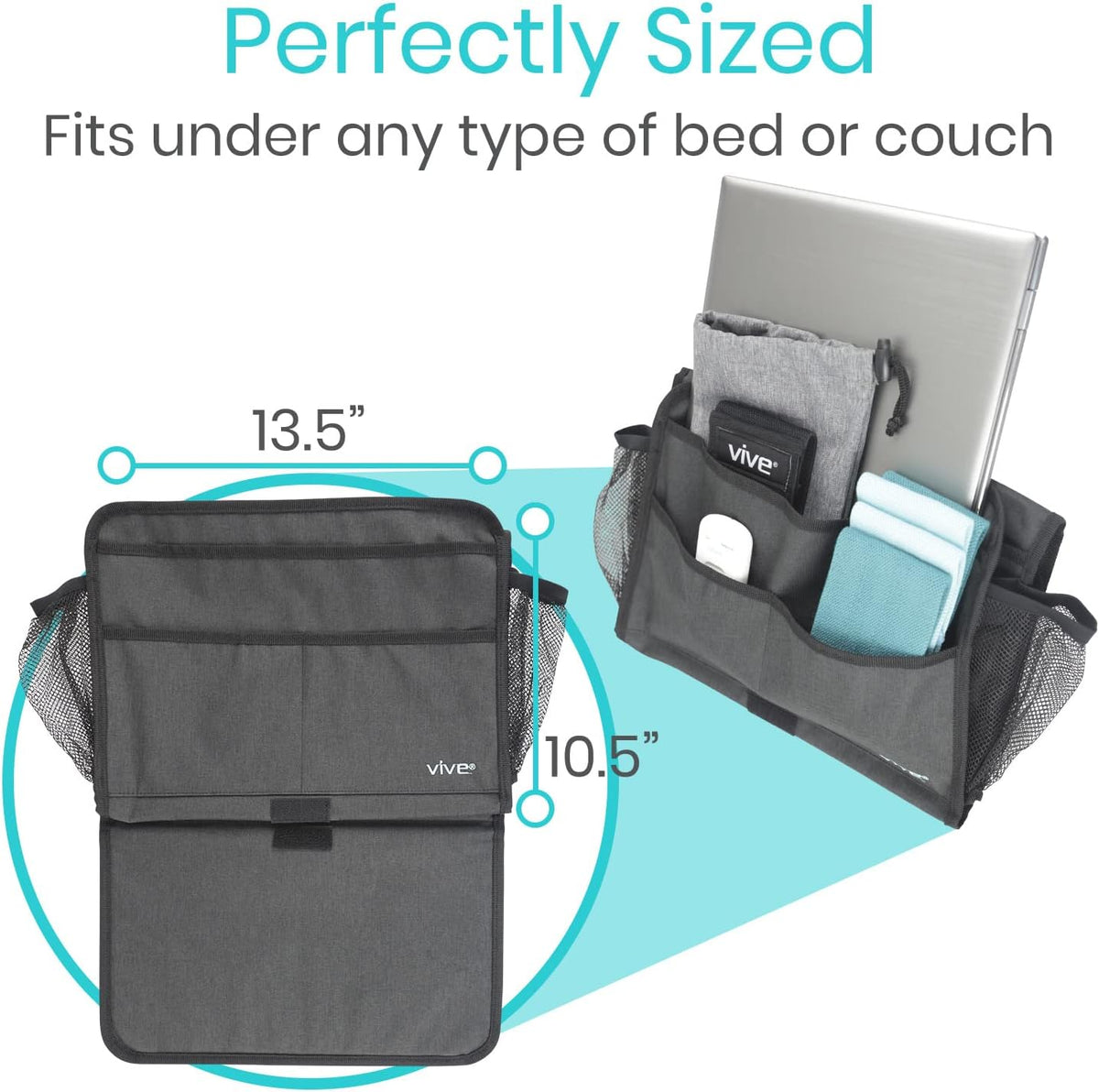 Vive Bedside Caddy - Bed Hanging Organizer - Storage Bag Shelf for College Dorm, Bedroom, Couch, Bunk - 8 Large Pockets with Charger Slots for Men and Women - Slides Under Mattress - Handle for Travel