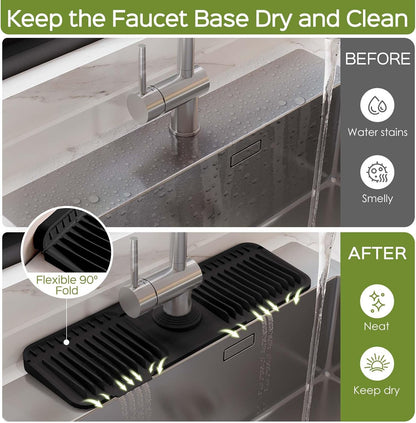24 Inch Silicone Faucet Mat for Kitchen Sink Splash Guard – Upgraded Draining Mat with Water Tray Behind Faucet – Countertop Protectors to Catch Spills (Black, 24" x 5.5" )