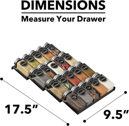 SpaceAid Spice Drawer Organizer with 28 Spice Jars, 386 Spice Labels, 4 Tier Seasoning Rack Tray Insert for Kitchen Drawers, 13" Wide x 17.5" Deep