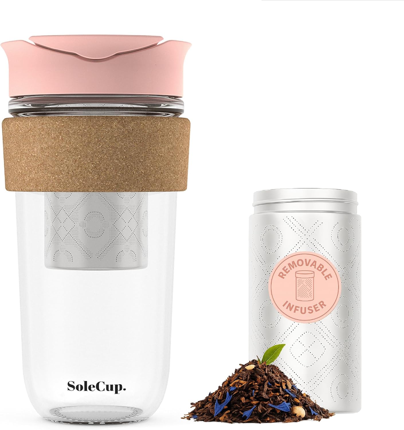 Large Travel Mug Loose Tea Infuser - Detachable Tea Strainer with Spill Proof Lid - 18oz/530ml BPA-Free Reusable Glass Travel Coffee Cup with Cork Band (Pink, 18oz)