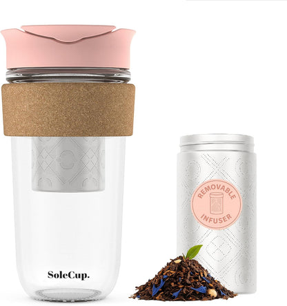 Large Travel Mug Loose Tea Infuser - Detachable Tea Strainer with Spill Proof Lid - 18oz/530ml BPA-Free Reusable Glass Travel Coffee Cup with Cork Band (Pink, 18oz)