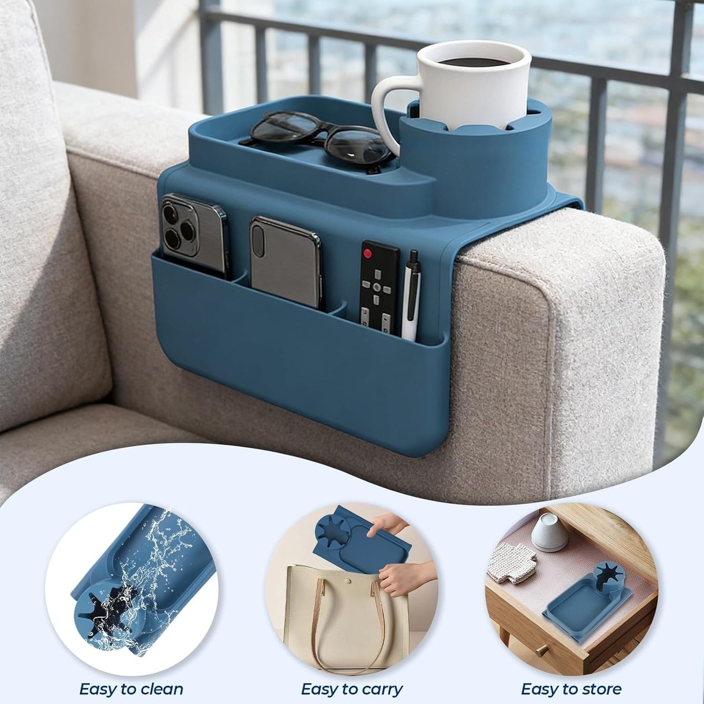 Silicone Couch Caddy Cup Holder Tray, 3-Side Sofa Armrest Organizer with Secure Gear-Shaped Locking Holder & Large Tablet Slot, Non-Slip Weighted Armchair Caddy, Couch Accessories (Grey)