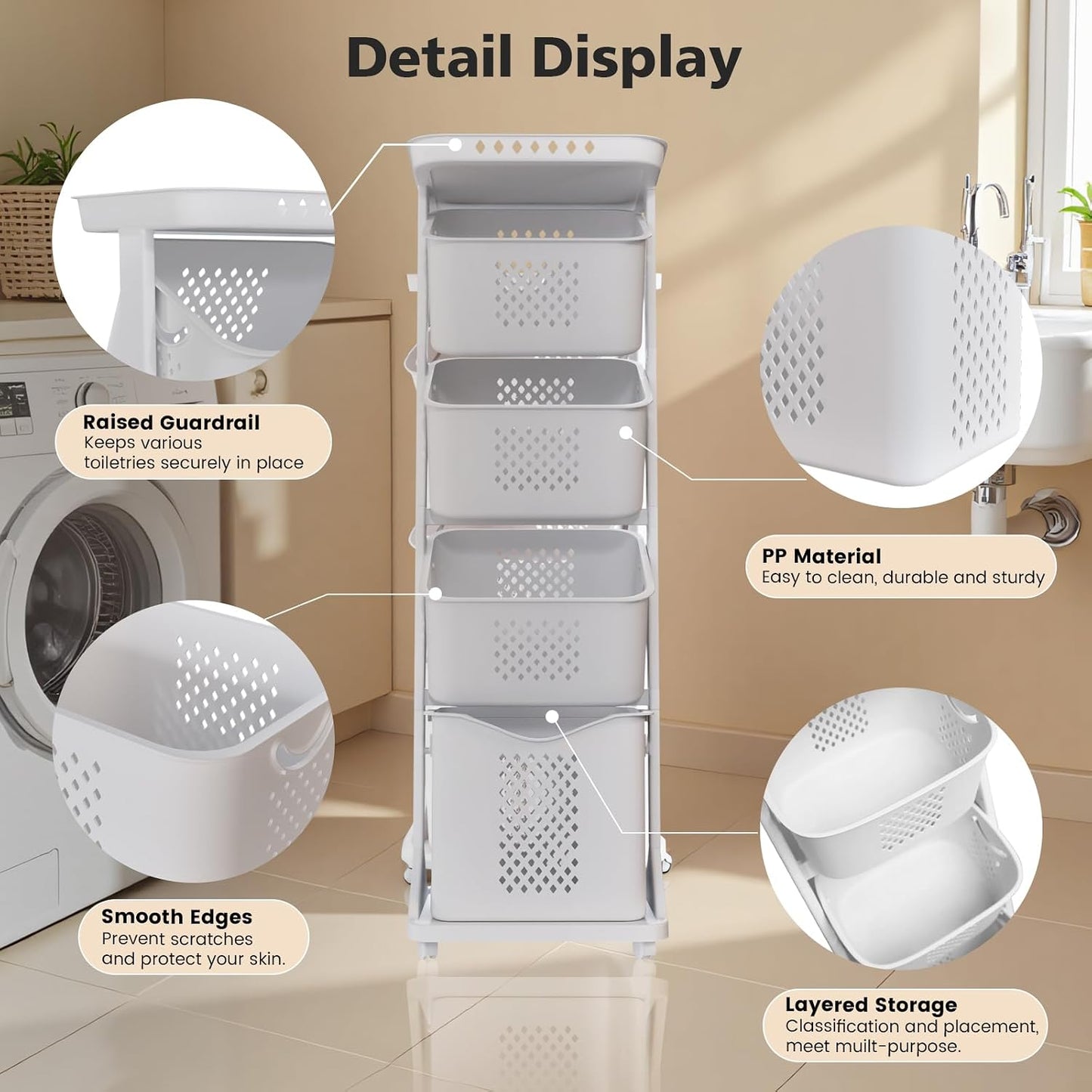 BAOKALER 4-Tier Laundry Hamper Sorter, Vertical Laundry Baskets with Wheel | Rolling Stackable Laundry Cart Removable, Organizer and Storage for Small Space, Dorm, Closet, Bathroom
