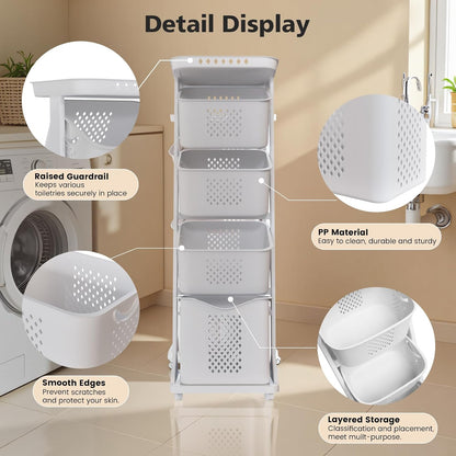 BAOKALER 4-Tier Laundry Hamper Sorter, Vertical Laundry Baskets with Wheel | Rolling Stackable Laundry Cart Removable, Organizer and Storage for Small Space, Dorm, Closet, Bathroom