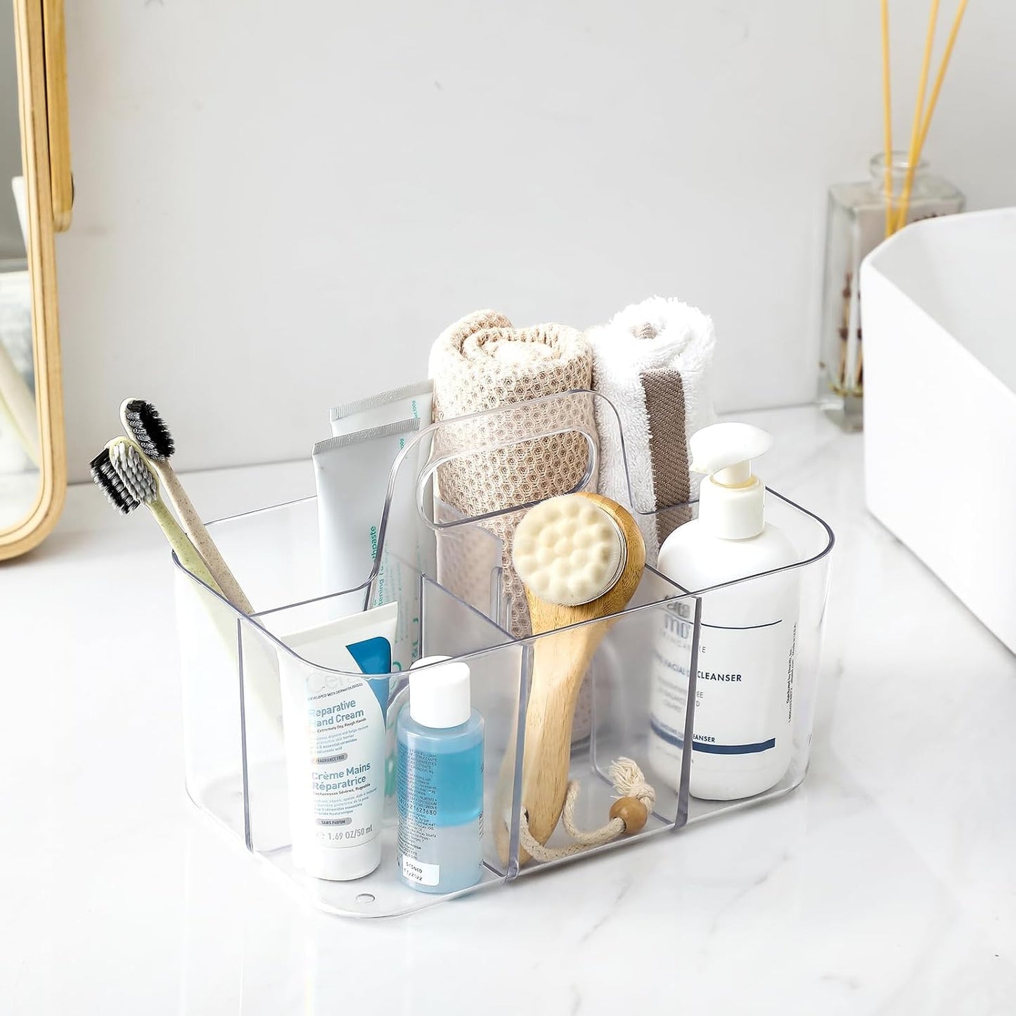 Multiuse Caddy Organizer with Handle, Portable Divided Plastic Tote Bin - Art Craft, Stationary Pen Marker Crayons, Makeup Hair Supplies Storage - Bathroom, Classroom, Dorm, Office, Desk Holder - Grey