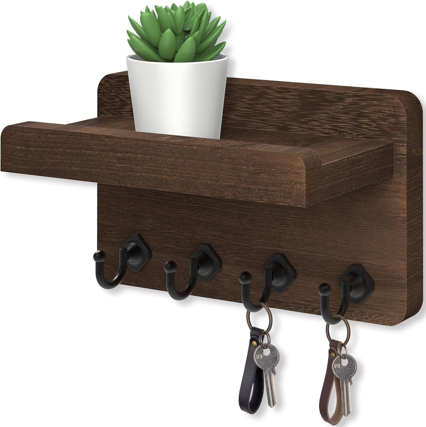 Nekon Key Holder Wall Mount, 8.5 Inch Small Wooden Wall Organizer, Black | Rustic Wall Shelf, Farmhouse Key and Mail Holder for Living Room Entryway Kitchen