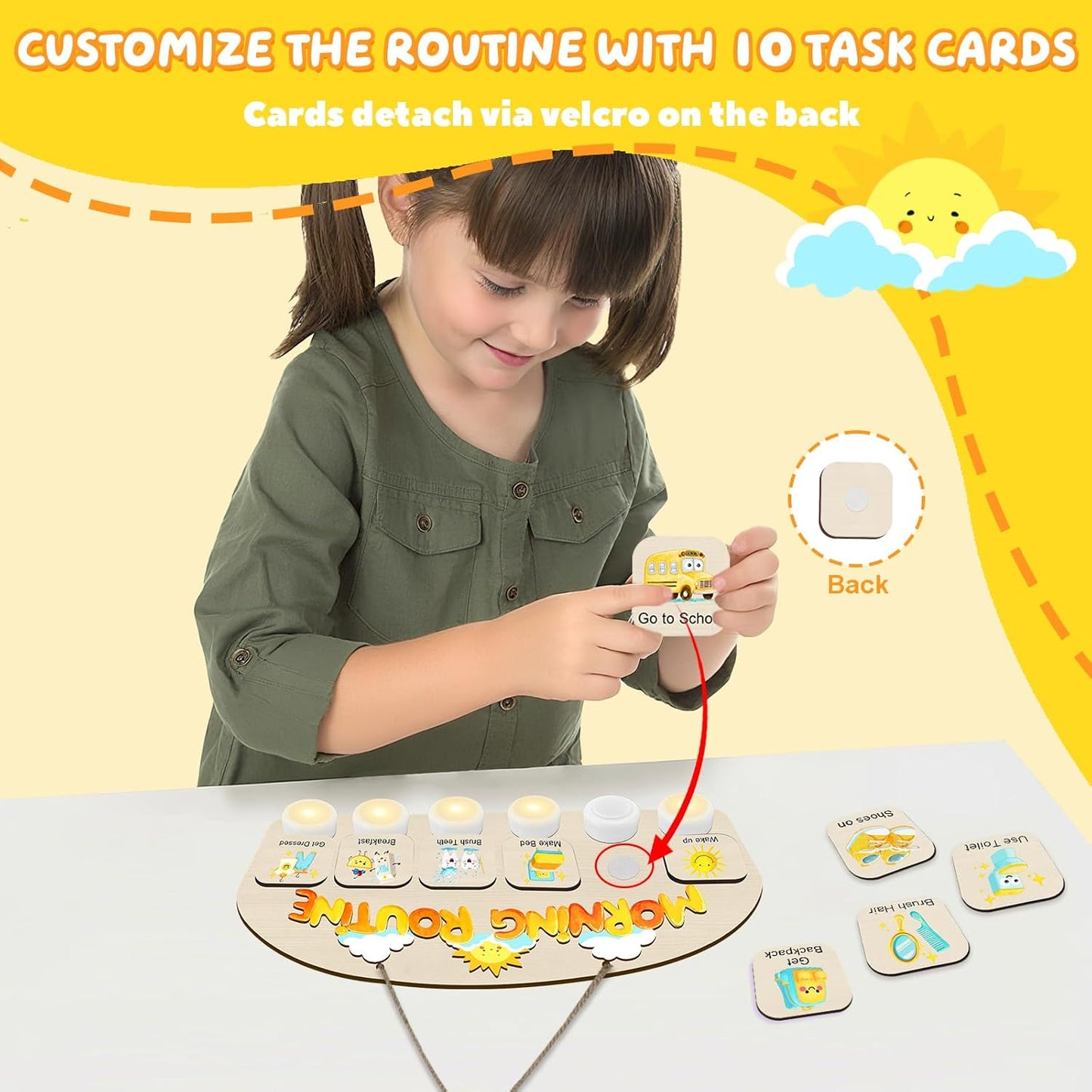 Morning Routine Chart for Toddlers, Visual Schedule Chart Planner | to Do List with 6 Tap Lights & 10 Activity Cards, Wooden Checklist Schedule Board for Kids, Autism, Preschoolers, ADHD Tools