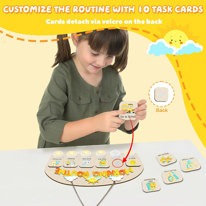 Morning Routine Chart for Toddlers, Visual Schedule Chart Planner | to Do List with 6 Tap Lights & 10 Activity Cards, Wooden Checklist Schedule Board for Kids, Autism, Preschoolers, ADHD Tools