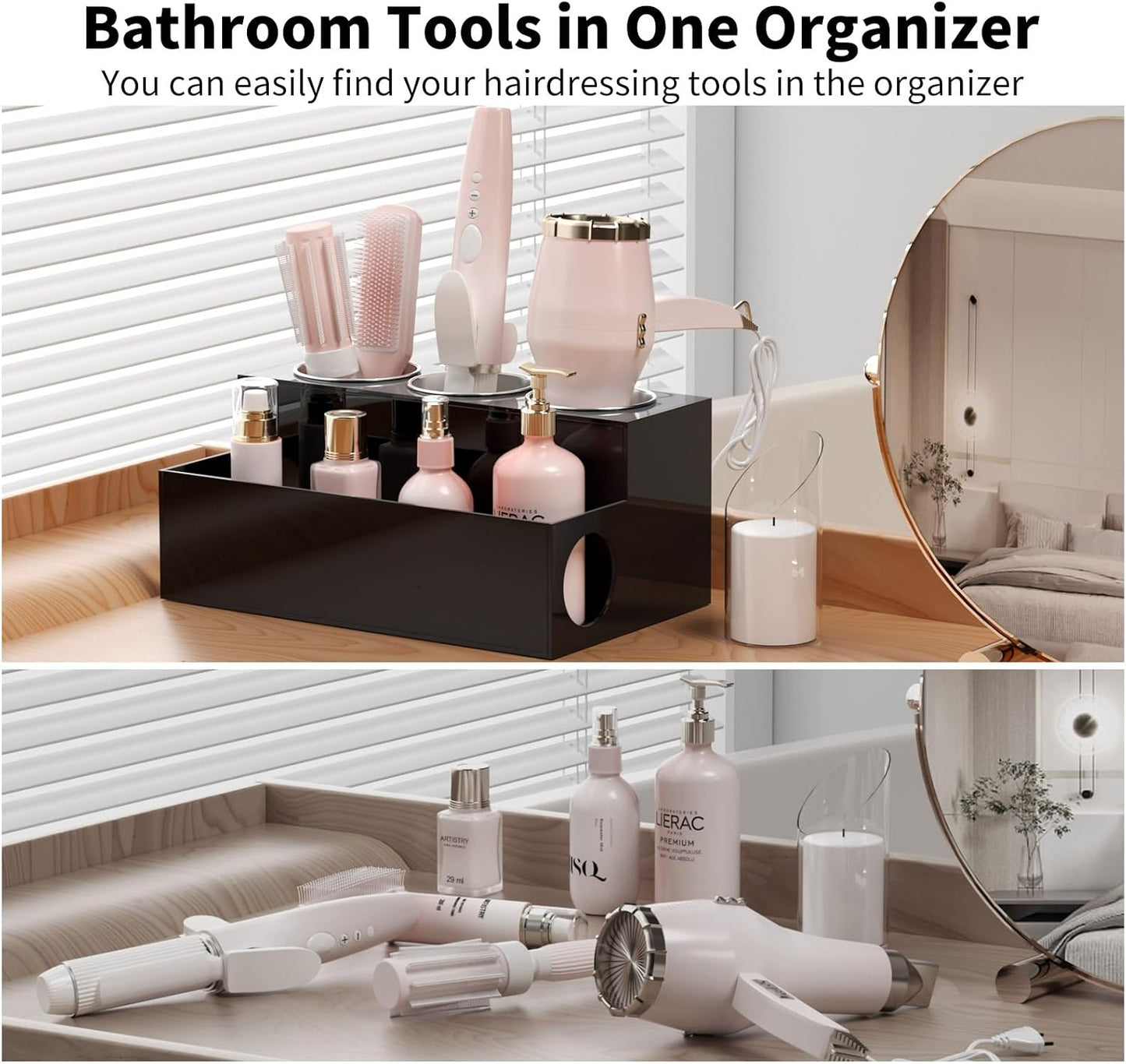 NIUBEE Acrylic Hair Tool Organizer,Hair Dryer Holder Countertop with 3 Cups | Clear, Hot Tools Organizer, Hair Blow Dryer Organizer for Curling Iron, Brush, Straightener, Makeup,Skincare,Vanity, Bathroom