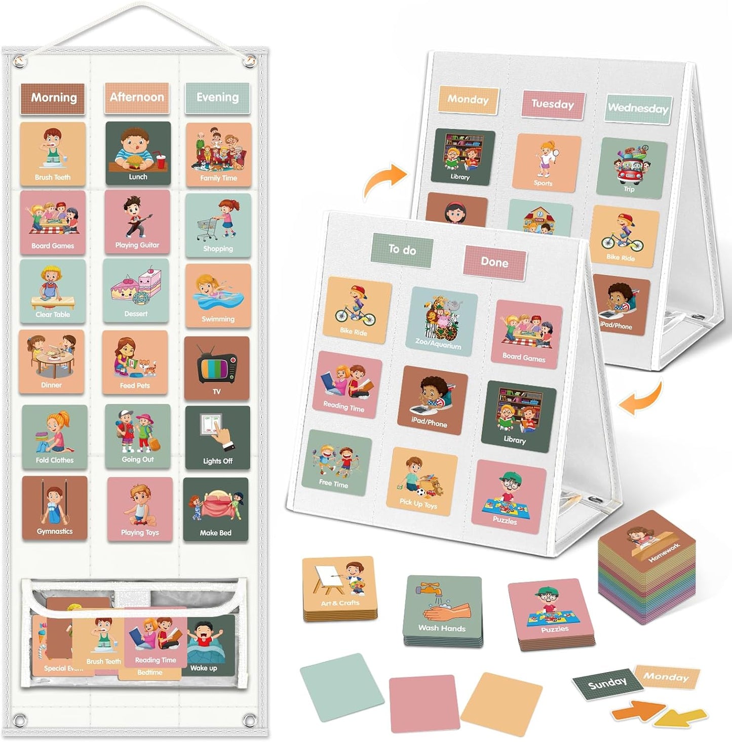 Large Visual Schedule for Kids Chore Reward Chart,Bedtime Routine Chart for Toddlers,Double Side Weekly Planner Board With 109 Cards for Home School Planner,Autism Learning Materials.
