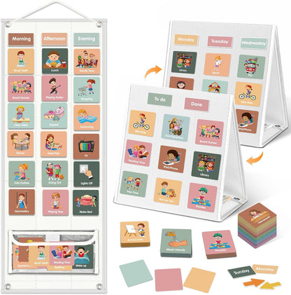 Large Visual Schedule for Kids Chore Reward Chart,Bedtime Routine Chart for Toddlers,Double Side Weekly Planner Board With 109 Cards for Home School Planner,Autism Learning Materials.