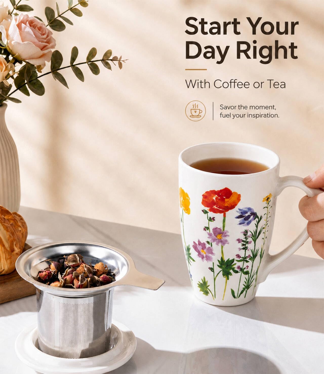 AmorArc Tea Cup With Infuser and Lid, 18oz Loose Leaf Tea Mug With Steeper | Porcelain Tea Mug With Infuser and Lid, Strainer Tea Cup for Tea Lovers, Home & Office, Housewarming Birthday Gift