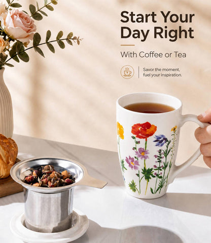 AmorArc Tea Cup With Infuser and Lid, 18oz Loose Leaf Tea Mug With Steeper | Porcelain Tea Mug With Infuser and Lid, Strainer Tea Cup for Tea Lovers, Home & Office, Housewarming Birthday Gift