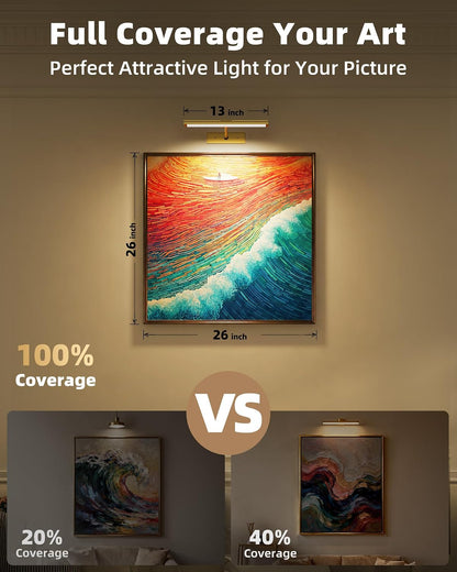 EZVALO Picture Light for Wall, 4800mAh Rechargeable Wireless Gold Light with IR Remote, Dimmable Magnetic LED Art Display Light with 3 Color Temperatures, for Gallery, Living Room, Bedroom