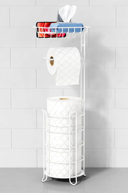 Goozii Gold Free Standing Toilet Paper Holder Stand with Phone Shelf, Floor Bathroom Tissue Holder for Large Mega Rolls, Metal Freestanding Toilet Paper Roll Holder with Wipes Storage Tray