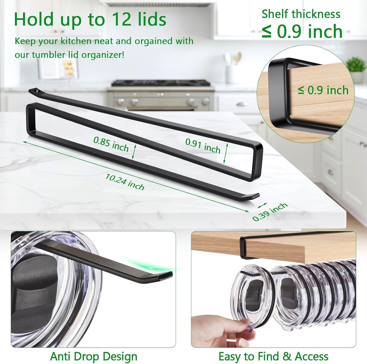 2 Pack Tumbler Lid Organizer, Flat Wire Cup Lid Storage Rack, Black | Carbon steel, slide-on design, fits 0.39 in or wider drink openings and shelves up to 0.90 in, no drilling or adhesive