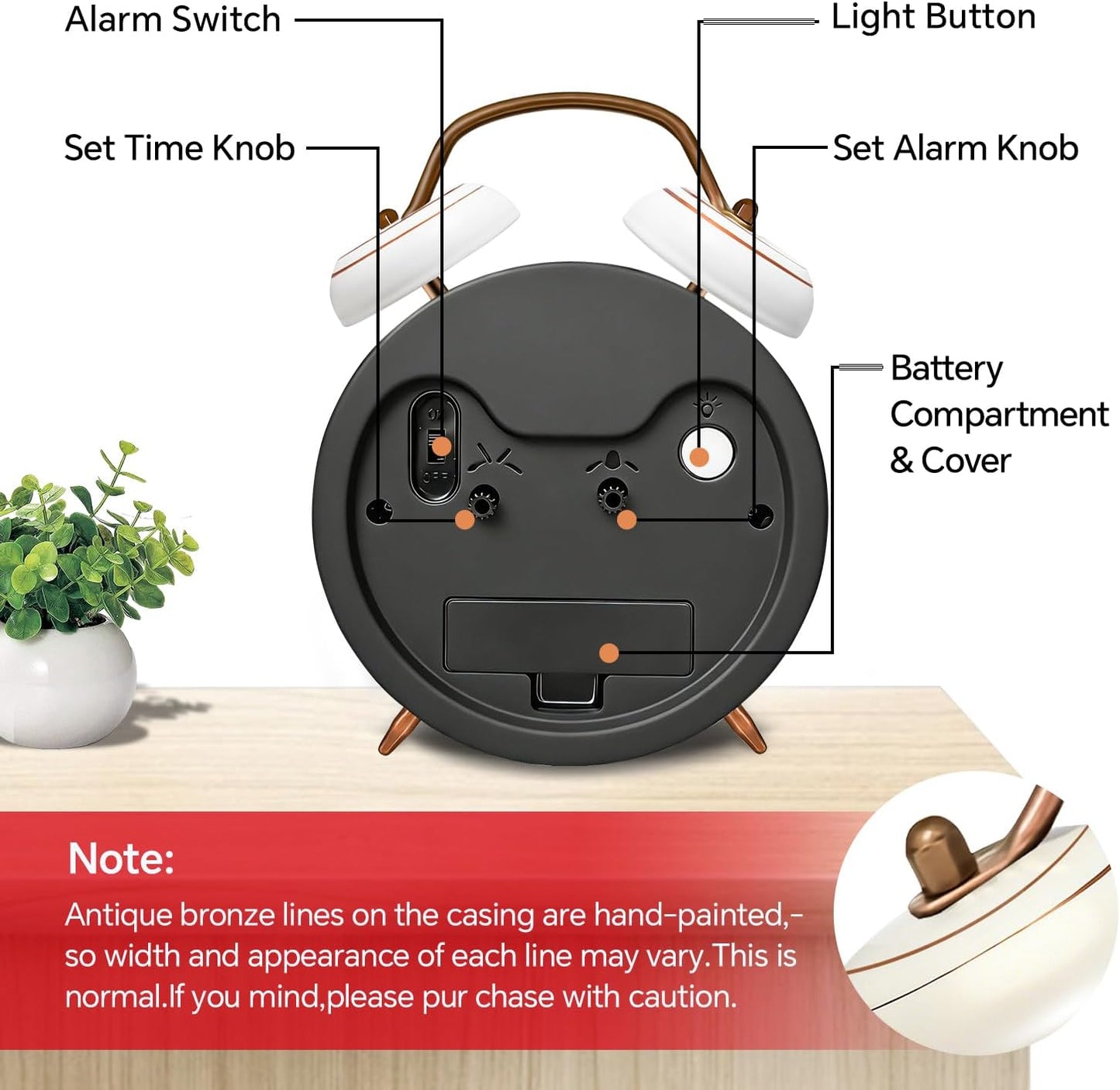 4.5" Metal Loud Alarm Clock for Heavy Sleepers Adults, Analog Battery Operated Alarm Clock with Bells Glow in Dark Numbers, Silent Old School Bedside Desk Clock for Bedroom Office Kids, Black