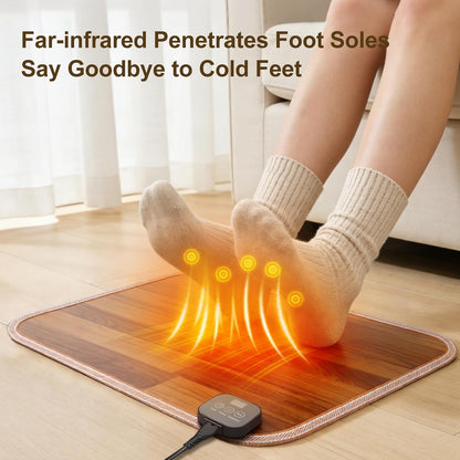 Foot Warmer Under Desk - 15.9x19.9in Heated Floor Mat 110V Adjustable Temperature Electric Heater with Timer for Office Home, Heating Pad for Cold Feet (Brown Wood)