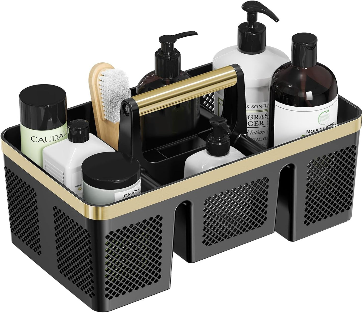 BYUNER Portable Cleaning & Shower Caddy with Handle: Rigid Plastic Basket with 4 Divided Compartments, All-Side Drainage for College Dorm, Bathroom & Utility Use, Black/Gold