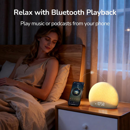 HOUSBAY Sunrise Alarm Clock with Bluetooth Speaker & Radio | Wake Up Light, 6 Gentle Alarm Sounds, Full-Range Dimmable Night Light & Display, Relaxing Bedside Companion, Fabric Finish