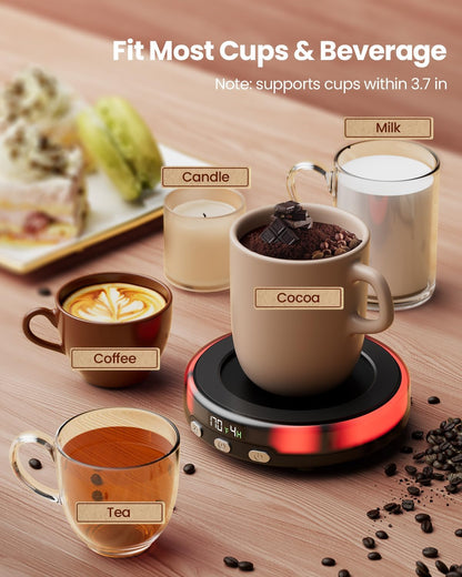 Gaiatop Coffee Mug Warmer for Desk, Beverage Heating Plate -Wood | 3 Temp Settings, 2-9Hrs Timer, 3 Color Light, Digital Display, Stocking Stuffers, for Candle Tea Milk