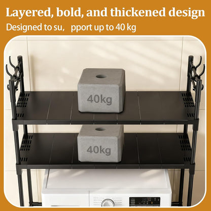 2-Tier Over Washer and Dryer Shelves - Portable Dryer Stand Over Washer with Hooks, Durable Plastic Laundry Organizer for Bathroom/Laundry Room(Black)