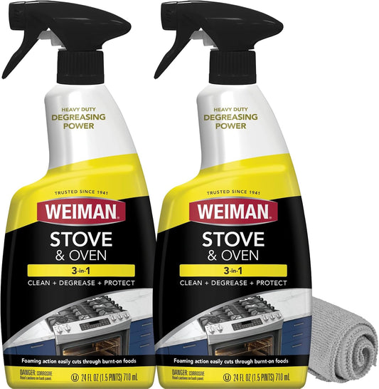 Weiman Heavy Duty Stove and Oven Cleaner and Degreaser for Glass, Ceramic Cooktops, BBQ grill grates - 2 Pack, 24 Oz w/MicroFiber Towel