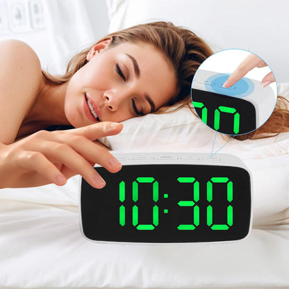 Dimmable LED Alarm Clock 2-Level Brightness, Wired Shaker, Snooze Function, Fits Bedside Table 4.7" L x 1.6" W x 2.4" H White Housing with Blue Light