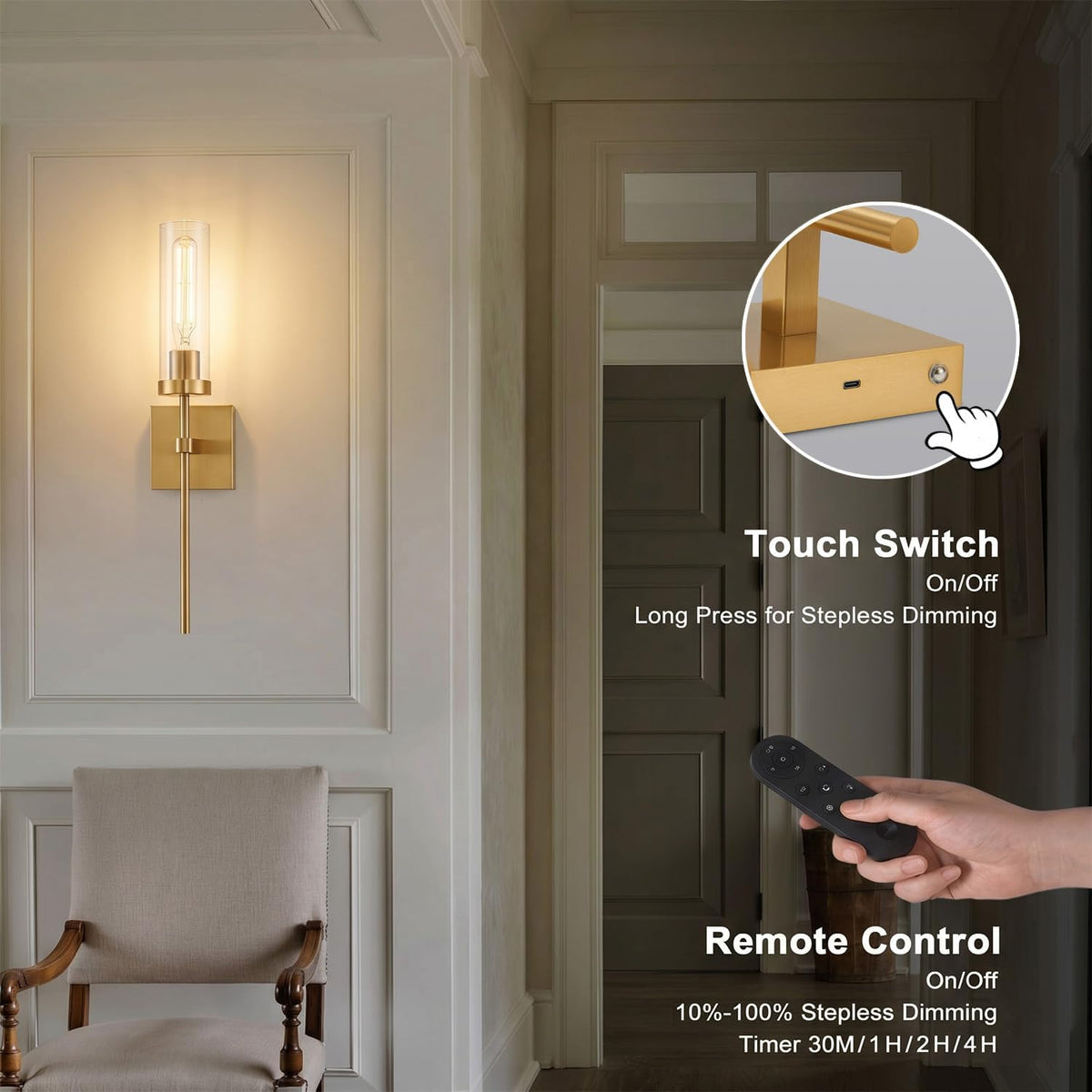 Wireless Wall Sconces with Remote Control, Battery Operated Wall Sconce Set of 2, Black & Gold Rechargeable Dimmable Wall Light for Bedroom Living room Bathroom Hallway Entryway Stairwell, 3000K