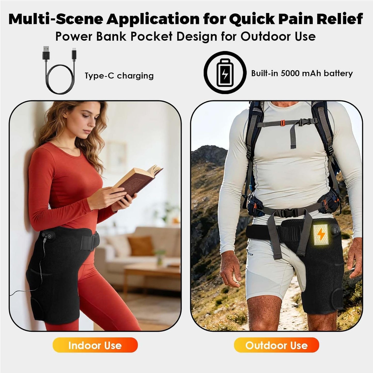 Red Light Hip Heating Pad for Sciatica & Hip Pain Relief, 5000mAh Built-in Battery Hip Brace with Vibration & 3 Heat Levels, Wearable Support for Lower Back, Thigh & Buttock