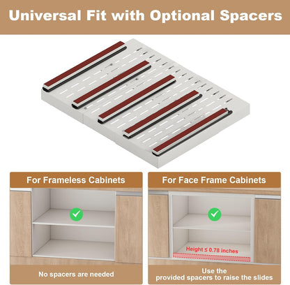 Fokyfok Pull out Cabinet Organizer,11"-16"W,17"-24"D,Expandable,Adhesive | No Drill,3 Rails,Roll out Drawers,Adjustable Slide out Shelves for Kitchen,Pantry,Framed and Framless Cabinets,White,1PC