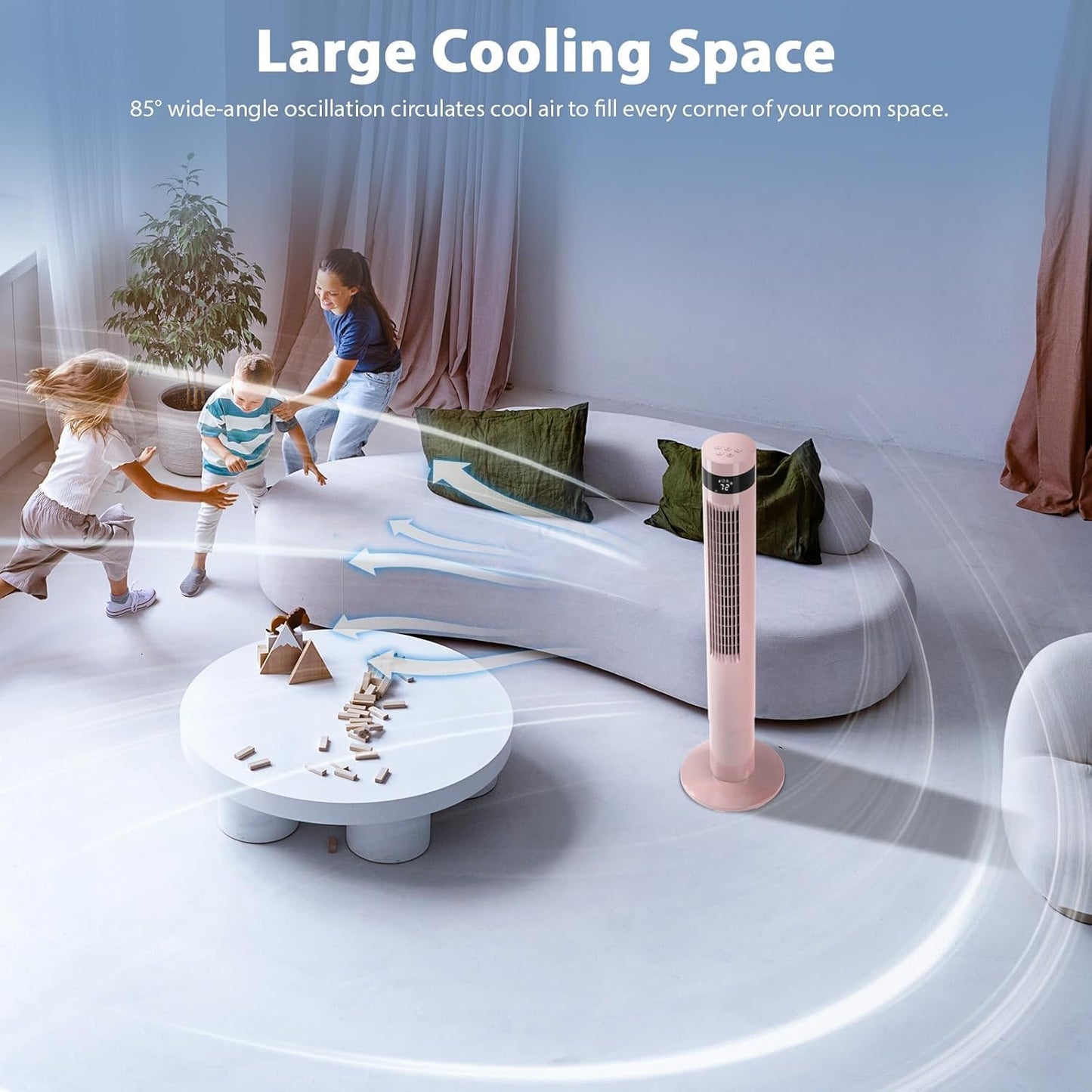 Antarctic Star Tower Fan 85°Oscillating Fan Quiet Cooling 12H Timer Remote Control Bladeless Electric 3 Speeds Wind 3 Modes, 42INCH, PINK
