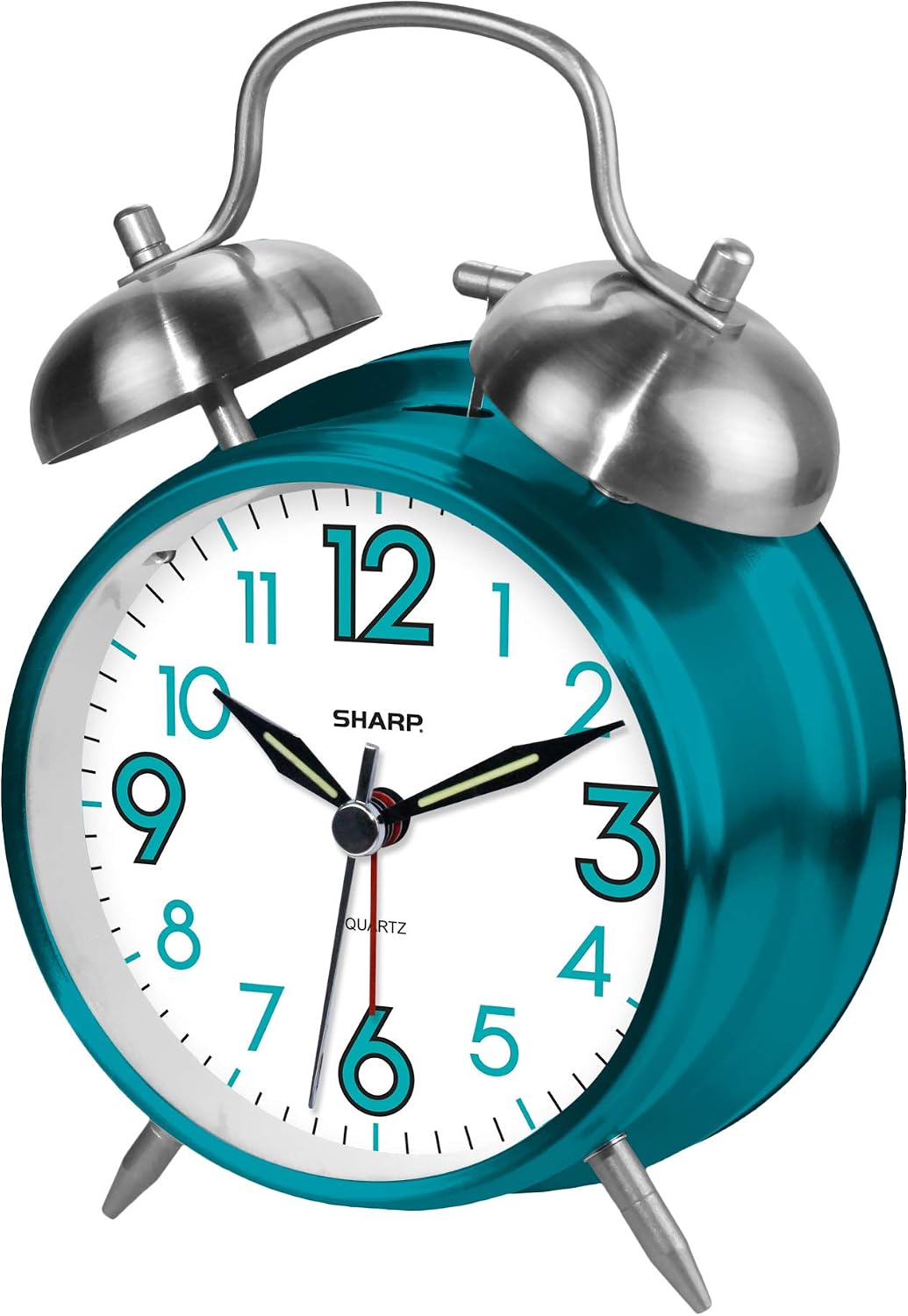 Sharp 4-Inch Twin Bell Alarm Clock for Heavy Sleepers (Matte Navy) | Extra-loud metal bell alarm, quiet quartz movement, press-button backlight, rustic bronze accents, battery operated