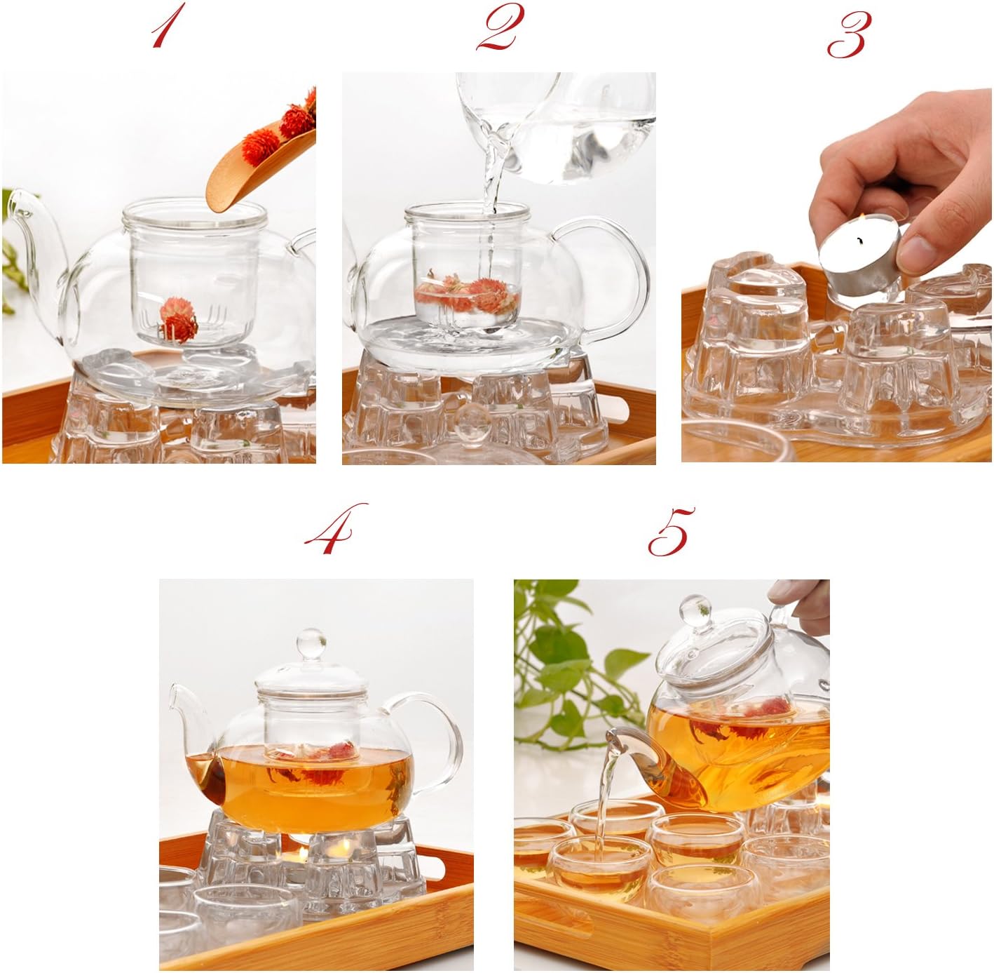 Jusalpha 11 PC-Glass Filtering Tea Maker Teapot with a Warmer and 6 Tea Cups Set (Version 2, 27-Oz) | 6 units of 1.7 oz tea cups, tea set comes with a 27 oz teapot with a removable infuser