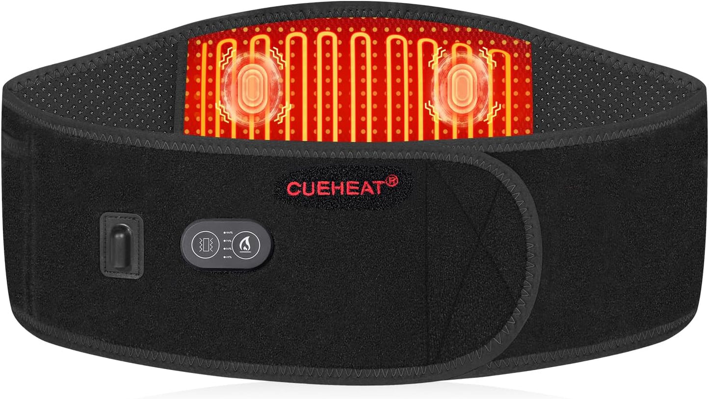 CUEHEAT Heated Waist Belt with Massage - Cordless Lower Back Heating Pad | 3 Heat Settings, 3 Vibration Modes, 7.AV Rechargeable Battery, Adjustable Fit for Wearable Lower Back Warmth